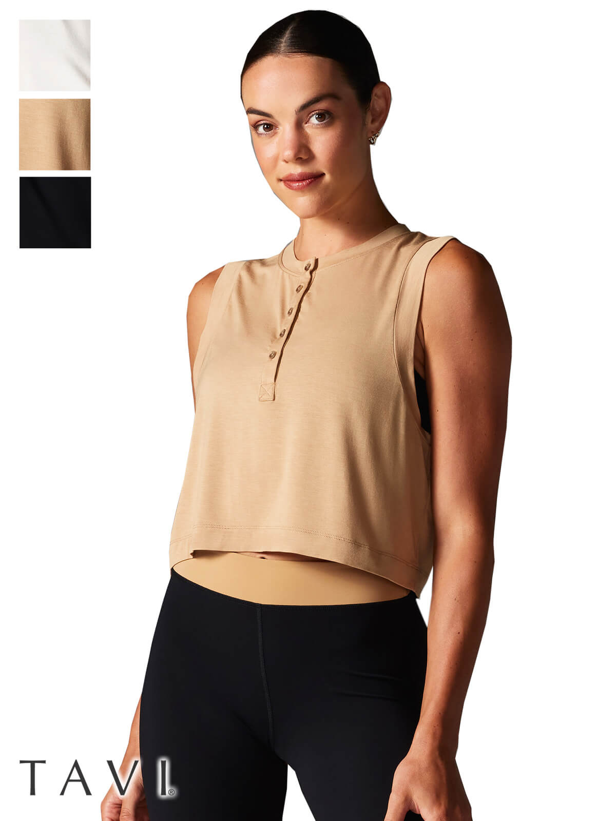 [SALE][TAVI] ヘンリーマッスルタンク Henley Muscle Tank／ ヨガ トップス ピラティス クロップド丈 通気性